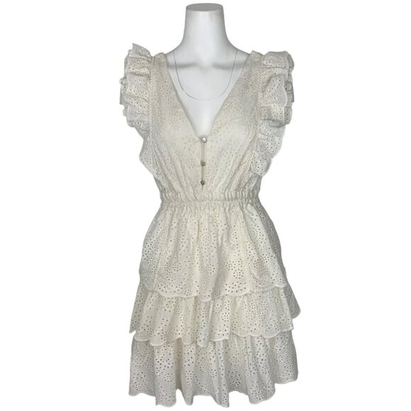 Love The Label Ruffle Tiered Mini Dress S Ecru Eyelet Sleeveless Deep V-Neck - Picture 1 of 13